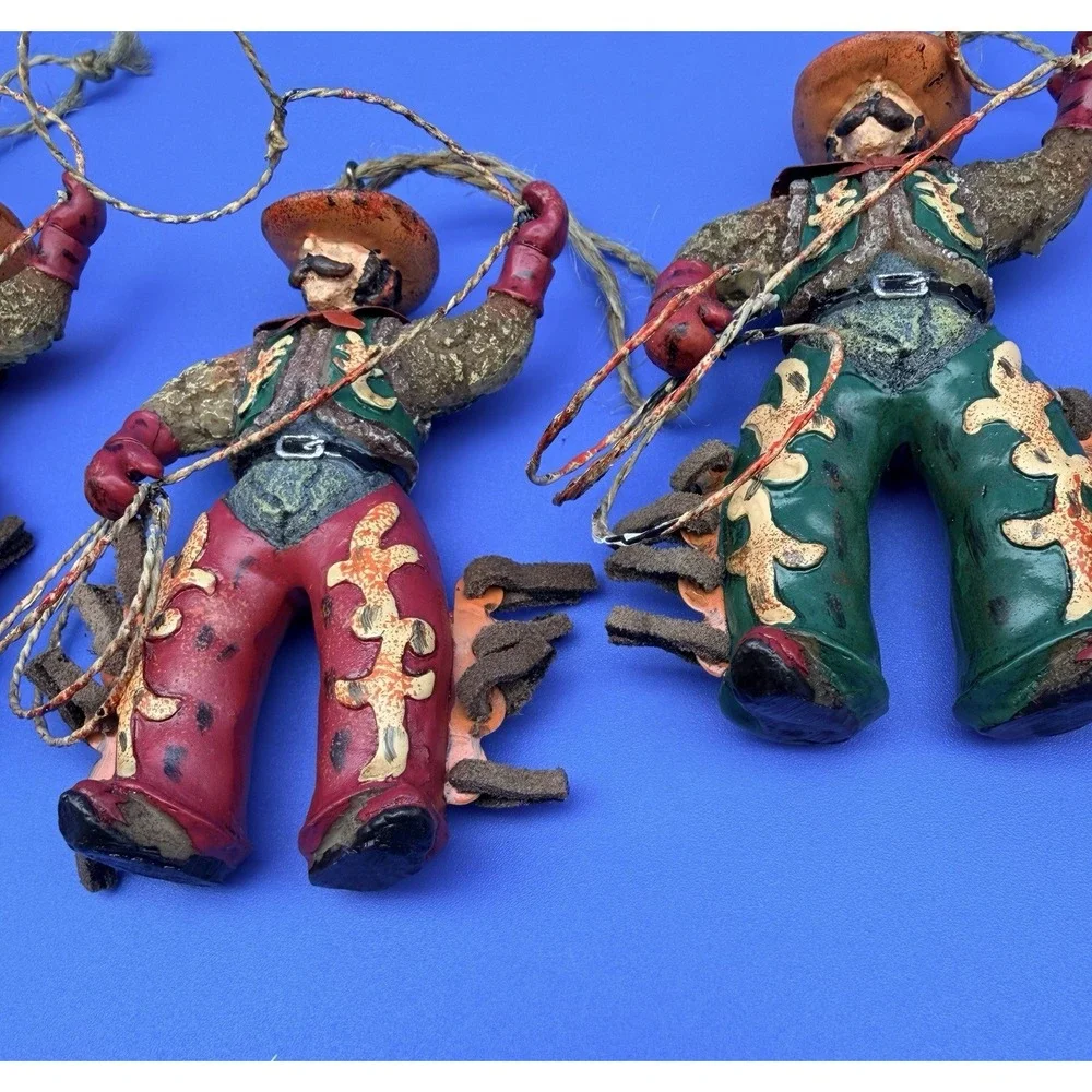 Vintage Cowboy Christmas Ornaments Set 5 Western Rodeo Lasso Suede Chaps